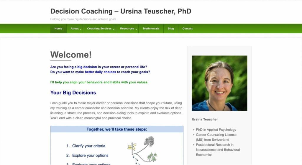 Ursina Teuscher (Ph.D.), Decision Coaching and Career Counseling Homepage