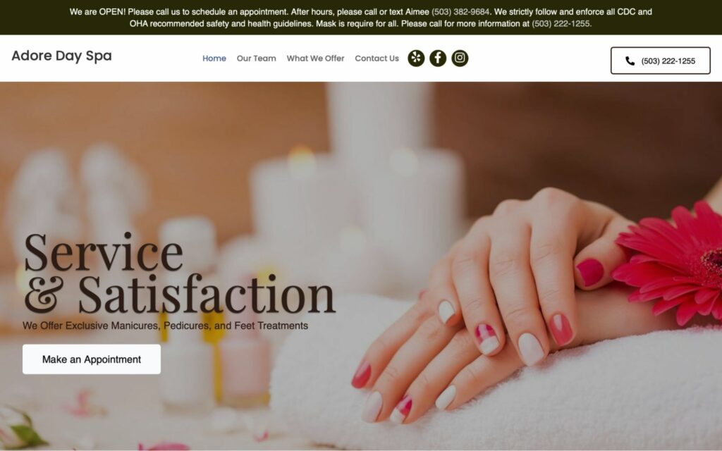 Adore Day Spa's Homepage